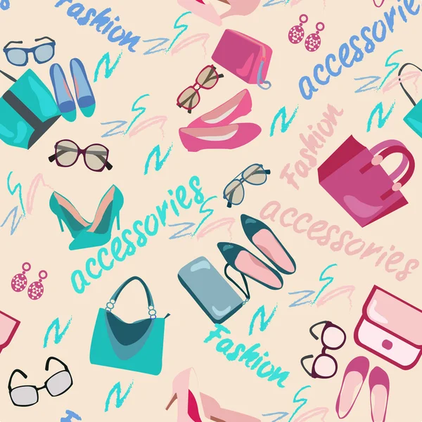 Coussin fond de shopping avec des chaussures, sacs et accessoires pour femmes — Image vectorielle