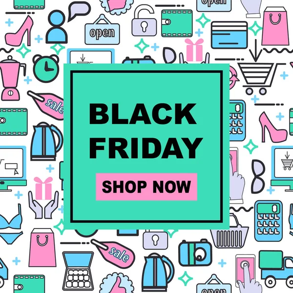 Ilustración Vectorial Negro Viernes Venta Banner Fondo Con Iconos Compras — Archivo Imágenes Vectoriales