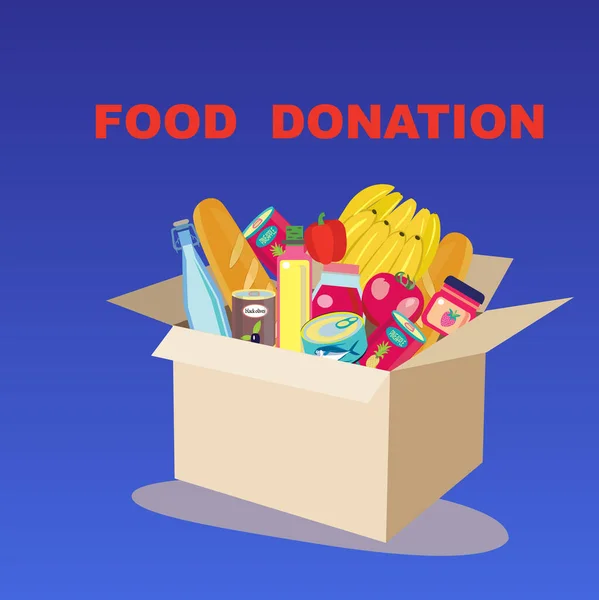 Food Donation Box Banner Cardboard Box Full Charity Donation Box — Stock Vector