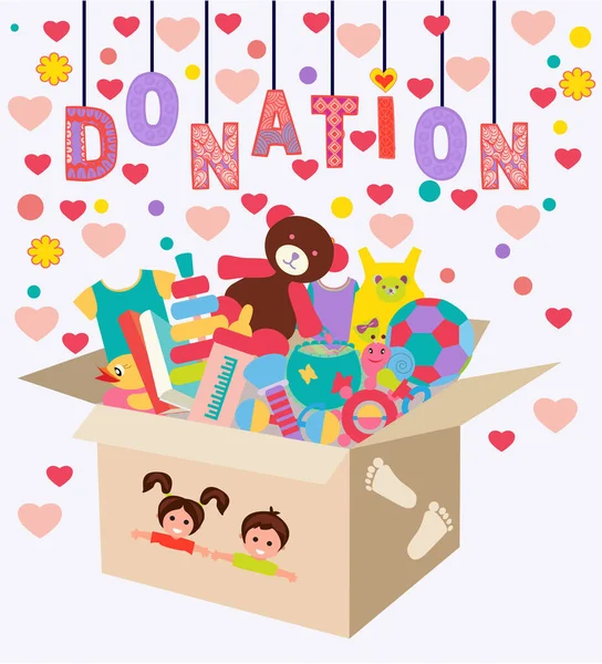 人道支援 ボランティア社会支援 子供服やおもちゃ付きの箱 ベクトル平図 — ストックベクタ