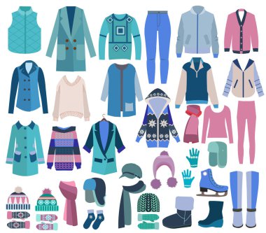 Vektör el çizimi moda Kış Kıyafetleri ve Ayakkabı Koleksiyonu, örgü aksesuarlar.