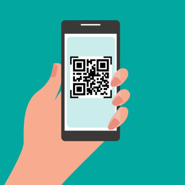Ekranda QR kodu olan el ele tutuşan cep telefonu. QR kodunu telefondan tara. Akıllı telefonlu elektronik dijital ödeme. Vektör düz tasarımı. 