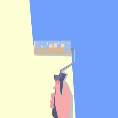 El ele tutuşup bir duvar boyayacağız. Düz tasarım modern vektör illüstrasyon kavramı.