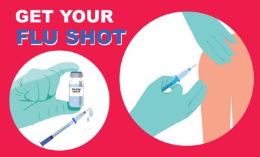 Aşı konsepti. Ellerinde aşı şişesi ya da şırınga tutan tıbbi eldivenli eller. Web sitesi, uygulamalar, poster ve afiş için bağışıklık vektörü illüstrasyonu.  