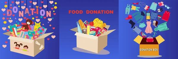 Collection Boxes Full Charity Donation Box Food Clothing Toys Set — Διανυσματικό Αρχείο