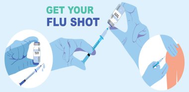 Aşı konsepti. Ellerinde aşı şişesi ya da şırınga tutan tıbbi eldivenli eller. Web sitesi, uygulamalar, poster ve afiş için bağışıklık vektörü illüstrasyonu. 