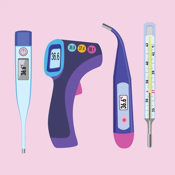 Medische Kwik Elektronische Thermometer Voor Temperatuurmeting Graden Thermometer Iconen Ingesteld — Stockvector