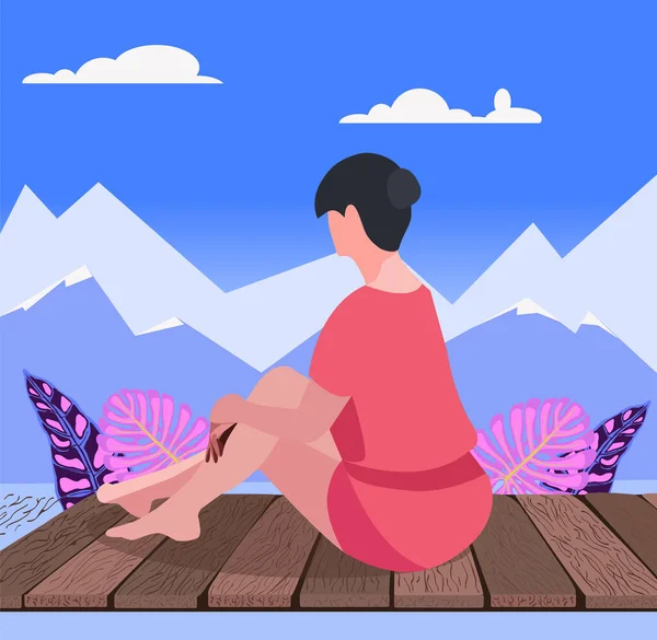 美しい女性の木製の床に座っている 自然景観と若い女性がリラックスして山を楽しみにして — ストックベクタ