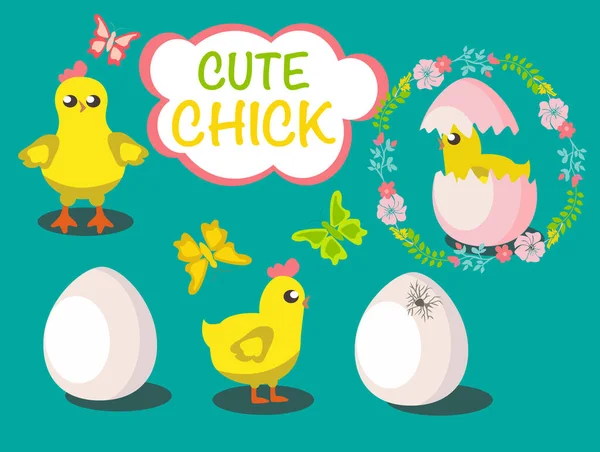 Sammlung Vektor Cartoon Stil Baby Küken Und Eier Illustration Für — Stockvektor