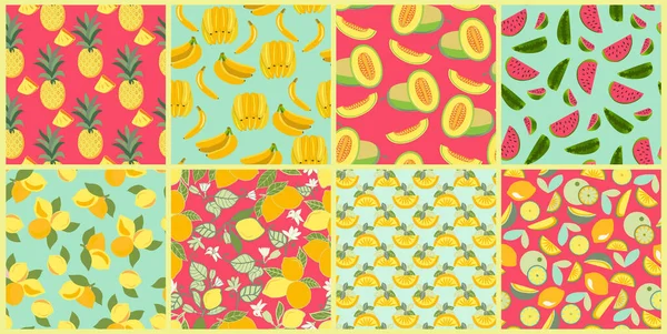 Establecer Patrones Verano Colores Brillantes Con Frutas Tropicales Fondo Vectorial — Archivo Imágenes Vectoriales