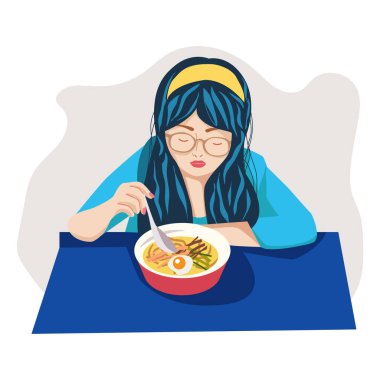 Asya yemeği yiyen güzel bir kızın el çizimi. Genç bir kadın öğle yemeği, akşam yemeği ya da kahvaltı yapıyor. Düz çizgi film çizimi, günlük yaşam konsepti.