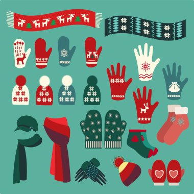 Set of cute warm Christmas mittens, stockings and hats  clipart