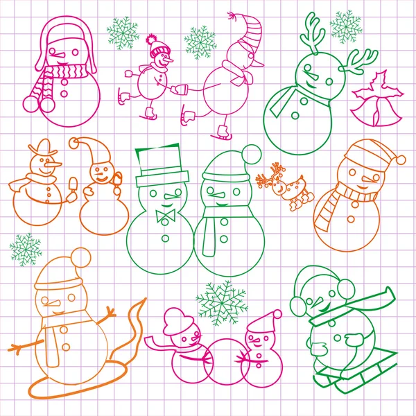 Christmas doodles with snowmen-illustration — Stock Vector