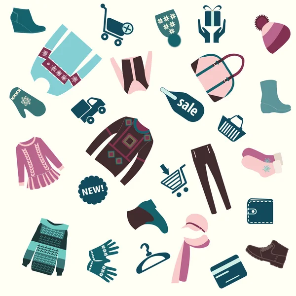Pattern of winter clothing and shopping — Stock Vector