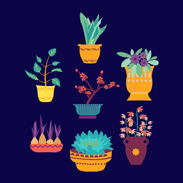 Vector set of cute house plants in pots — Stock Vector
