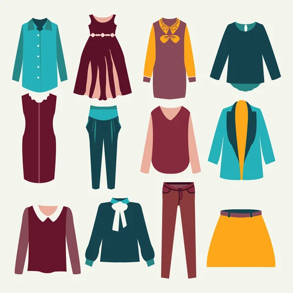 12 onderdelen van geïsoleerde vrouwelijke kleding — Stockvector