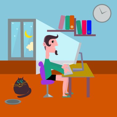 Gece yarısı evde çalışan genç adam