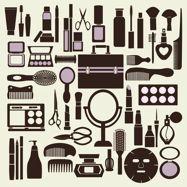 Cosméticos e maquiagem conjunto de ícones preto e branco - Ilustração — Vetor de Stock