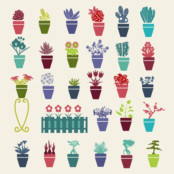 Jardín flores y hierbas maceta plantas iconos conjunto — Vector de stock