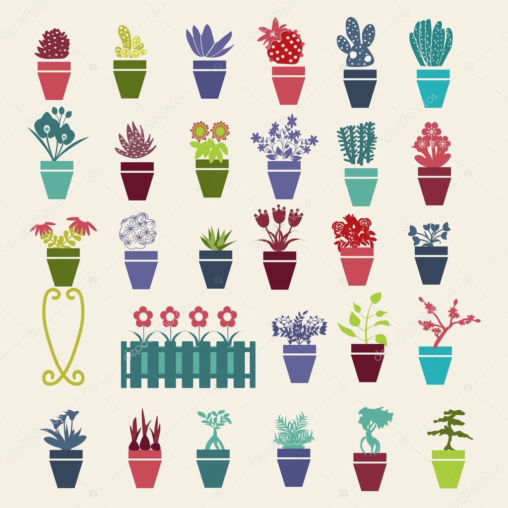  garden flowers  and  herbs pot plants icons set