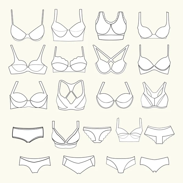 Moda Diferentes tipos de iconos de sujetadores y pantalones — Vector de stock