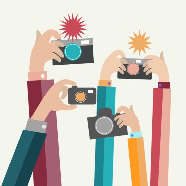 Modern düz fotoğrafçılar el cihazları ile fotoğraf çekmek 