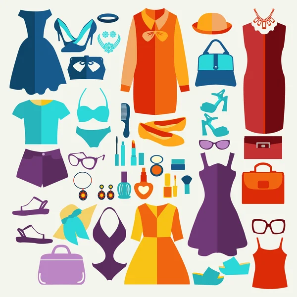 Letní oblečení žen v plochý. — Stockový vektor