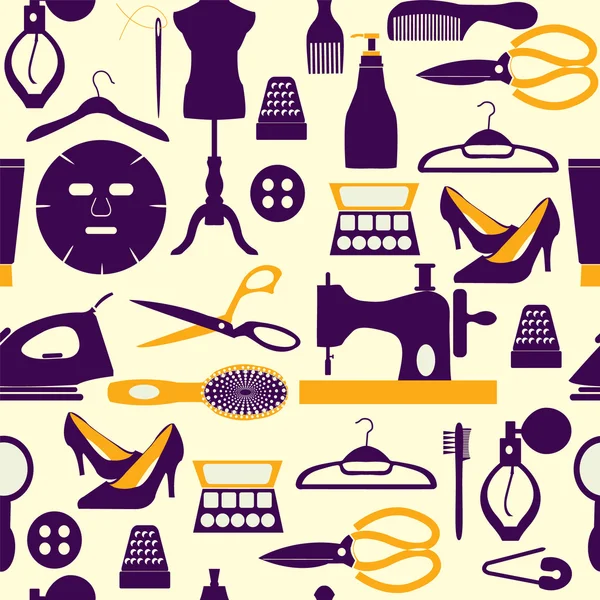 Fashion and sewing items icon set  - seamless background — Stock Vector