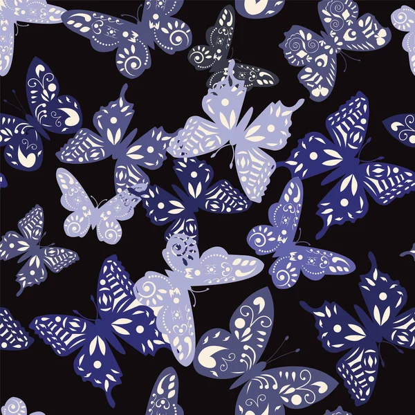 Muster der Sammlung Schmetterlinge auf schwarzem Hintergrund — Stockvektor