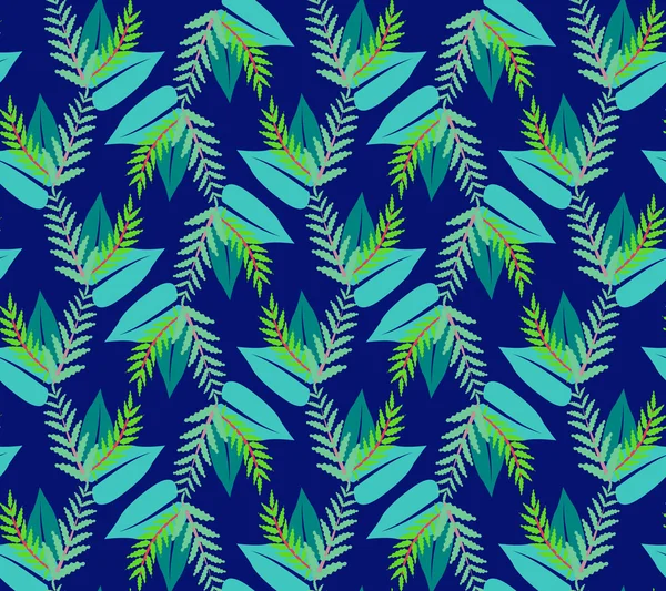 Mönster med gröna blad på blå bakgrund — Stock vektor