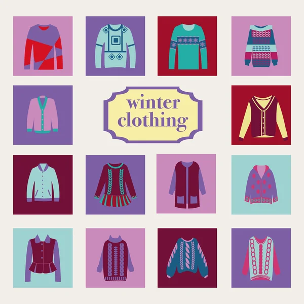 Collection of woman and man winter clothes — Stock Vector