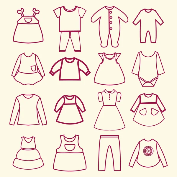 Collection de vêtements bébé et enfants icônes contour — Image vectorielle