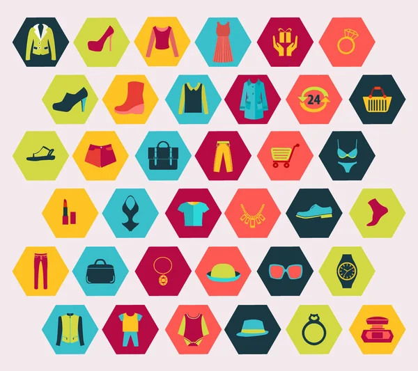 Conjunto de iconos relacionados con compras y moda hecho en forma de hexágono . — Vector de stock