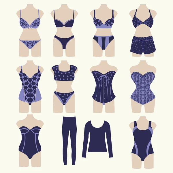 Conjunto de ícones de coleção feminina roupa interior elegante —  Vetores de Stock