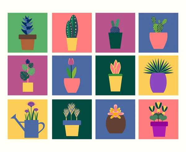 Colección de plantas tropicales en maceta de estilo plano . — Vector de stock