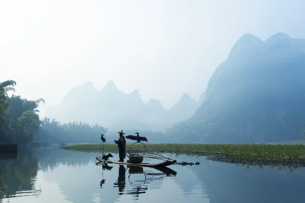 Cormorán, pescador y vista del paisaje del río Li con niebla en sprin —  Fotos de Stock