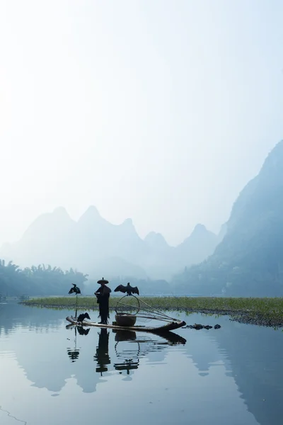 Cormorant, fish man and Li River scenery sight with fog in sprin — Stock Photo, Image