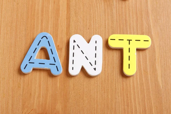 ANT, spell by woody puzzle letters with woody background — Stock Photo, Image