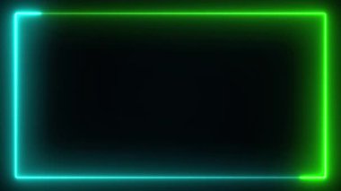 Soyut parlak neon ışıklı dikdörtgen çerçeve Mavi ve Yeşil renk. Siyah Arkaplan üzerinde geleceksel ışık etkisi. Parlak afiş animasyonu. Neon Light Line Technology, çizgi animasyonu 4K Arka plan Videosu