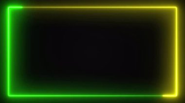 Soyut parlak neon ışıklı dikdörtgen çerçeve Yeşil ve Sarı renk. Siyah Arkaplan üzerinde geleceksel ışık etkisi. Parlak afiş animasyonu. Neon Light Line Technology, çizgi animasyonu 4K Arka plan Videosu
