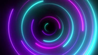 Fütürist neon renkli parlayan daireler hareketi grafiği. Neon parıldayan stil daire şeklindeki arkaplanının animasyon videosunu döndür. Dinamik enerji akışları, geometrik düğümler karanlık yüksek teknolojili dijital alan, siber punk 4K animasyon
