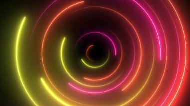 Fütürist neon renkli parlayan daireler hareketi grafiği. Neon parıldayan stil daire şeklindeki arkaplanının animasyon videosunu döndür. Dinamik enerji akışları, geometrik düğümler karanlık yüksek teknolojili dijital alan, siber punk 4K animasyon