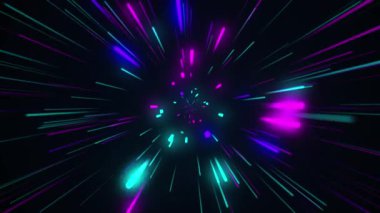 Soyut tünel çok renkli spektrum arkaplanı. Parlak ışınlar neon ışıkları ve renkli parlak çizgiler mavi, mor ve cyan renkleri karanlıkta hız kazandırıyor. Uzay-zaman tünelinde hızla ilerliyoruz, hız hareketi etkisi. Siberpunk 4K animasyonu