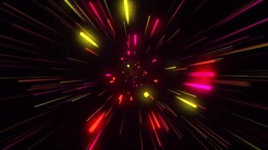 Soyut tünel çok renkli spektrum arkaplanı. Parlak ışınlar neon ışıkları ve parlak parlak çizgiler. Turuncu, Pembe ve Sarı renkler karanlıkta hız yapıyor. Uzay-zaman tünelinde hızla ilerliyoruz, hız hareketi etkisi. Siberpunk 4K animasyonu