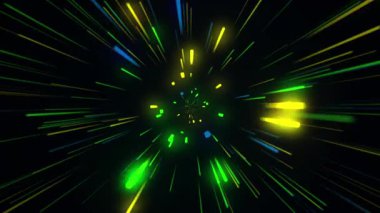 Soyut tünel çok renkli spektrum arkaplanı. Parlak ışınlar neon ışıkları ve yeşil, sarı ve mavi renkli parlak çizgiler karanlıkta hızla ilerliyorlar. Uzay-zaman tünelinde hızla ilerliyoruz, hız hareketi etkisi. Siberpunk 4K animasyonu