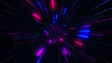 Soyut tünel çok renkli spektrum arkaplanı. Parlak ışınlar neon ışıkları ve parlak parlak çizgiler mavi, mor ve pembe renkler karanlıkta hız yapıyor. Uzay-zaman tünelinde hızla ilerliyoruz, hız hareketi etkisi. Siberpunk 4K animasyonu