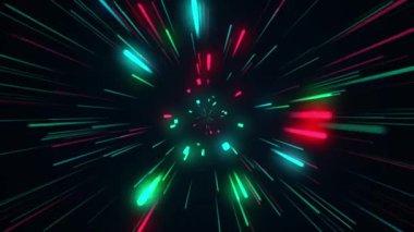 Soyut tünel çok renkli spektrum arkaplanı. Parlak ışınlar neon ışıkları ve renkli parlak çizgiler mavi, kırmızı ve yeşil renkler karanlıkta hız yapıyor. Uzay-zaman tünelinde hızla ilerliyoruz, hız hareketi etkisi. Siberpunk 4K animasyonu