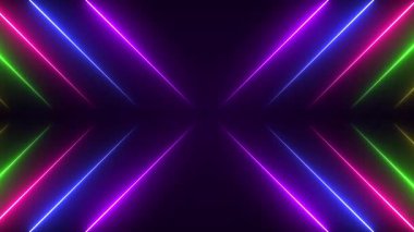 Parlak neon ışınları ve siber punk tarzında parıldayan çizgileri olan soyut bir arka plan. Siber neon mavi, pembe, yeşil ve mor ışınlar ve parlayan çizgiler canlandırıldı. Neon Light Line Technology, çizgi animasyonu 4K Arka plan Videosu