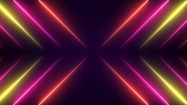 Parlak neon ışınları ve siber punk tarzında parıldayan çizgileri olan soyut bir arka plan. Siber Neon Portakal, Pembe ve Limon Sarı Işınlar ve Parlayan Çizgiler Canlandırıldı. Neon Light Line Technology, çizgi animasyonu 4K Arka plan Videosu