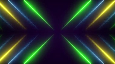 Parlak neon ışınları ve siber punk tarzında parıldayan çizgileri olan soyut bir arka plan. Siber neon yeşil, sarı ve mavi ışınlar ve parlayan çizgiler canlandı. Neon Light Line Technology, çizgi animasyonu 4K Arka plan Videosu